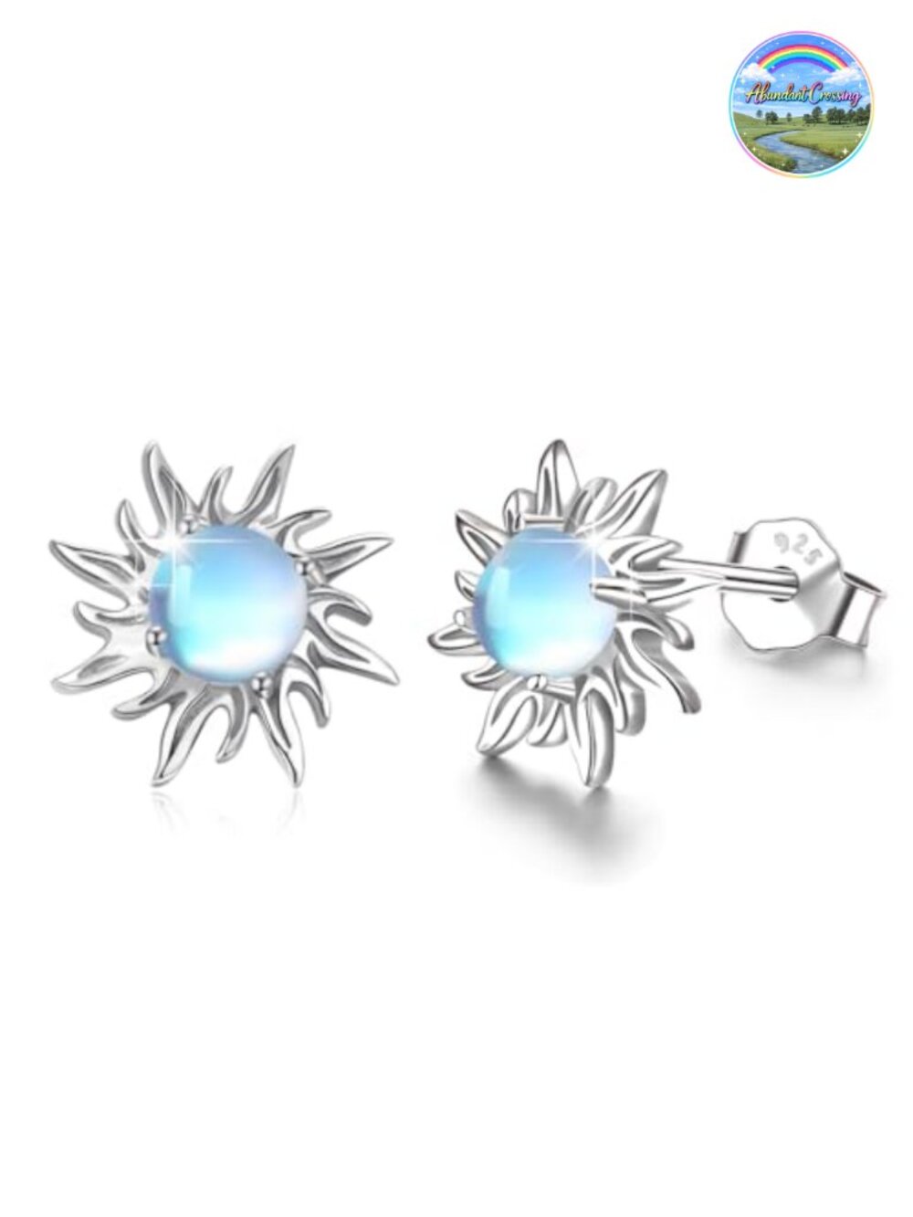 925 Sterling Silver Sunburst Stud Earrings with Rainbow Moonstone Celestial